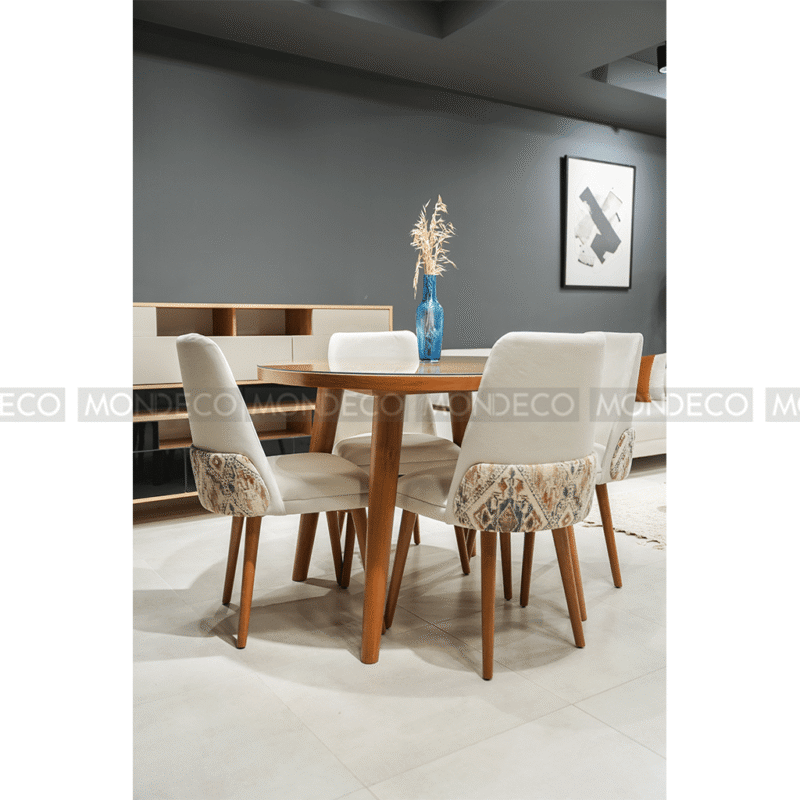 Table à manger en bois Tunisie 4 chaises violine ronde – Image 5