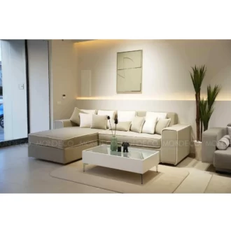 Salon d’angle avec coffre Sarah Mondeco en tissu beige avec mécanisme relax et rangement intégré – canapé d’angle moderne 2m x 3m
