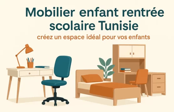 Mobilier enfant rentrée scolaire Tunisie – bureau blanc avec chaise de bureau bleue ergonomique, lit simple orange et armoire bois clair dans une chambre enfant moderne.